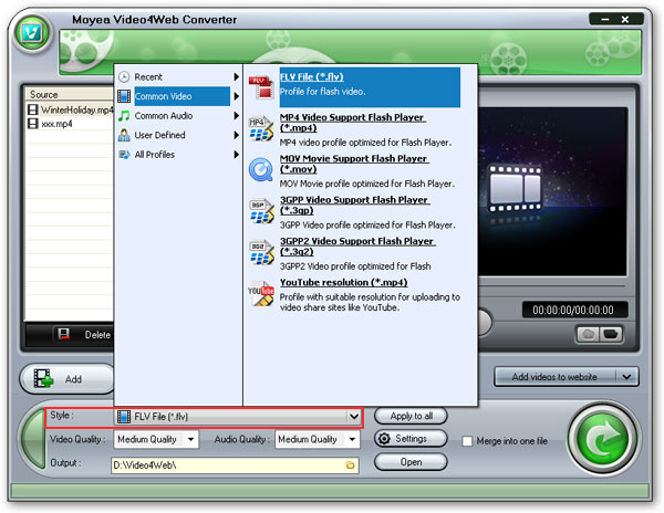 set the output format as FLV before converting mp4 to flv